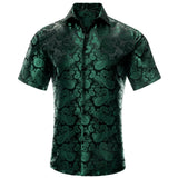 Hi-Tie Blue Red Green Beige Short Sleeves Men's Shirts Jacquard Silk Paisley Spring Summer Hawaii Shirt Wedding MartLion CY-1704 S 