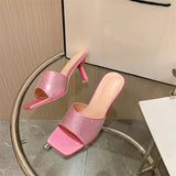 Liyke Summer Square Toe Slippers Woman Cozy Crystal Silk Party Slides Shoes Mules High Heels Gladiator Sandals Pink MartLion   