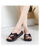 4cm Synthetic Rhinestone Bling Genuine Leather Breathable Summer Chunky Slippers High Platform Wedge Casual Shoes MartLion   