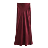 Women's Flowing Satin Midi Skirt Women Vintage Elastic  Waist Flared Street Skirt MartLion   