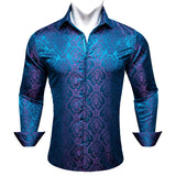 Luxury Shirts Men's Long Sleeve Silk Gold Blue White Black Red Green Purple Silver Paisley Embroidered Casual Blouses Lapel MartLion 0464 S 
