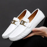 Men's Loafers Moccasins Slip on Driving Shoes Leather Designer Sewing Lazy Walking Casual Mart Lion White 5 