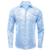 Hi-Tie Long Sleeve Silk Shirts Men's Suit Dress Outwear Slim Jacquard Wedding Floral Paisley Gold Blue Red MartLion 1093 S 
