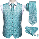 Rose Red Men's Wedding Suit Vest Blue Floral Jacquard Folral Silk Waistcoat Vests Handkerchief Tie Vest Suit Set Barry Wang Design Mart Lion BM-2537 L 