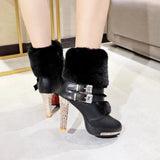 Winter Shoes Women High Heels Boots Ladies Party Warm Fur Super High Heel 10cm Black White MartLion   