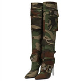  Women's Breathable Camo Cloth Thin High Heel Metal Fasteners Large Boots Four Seasons Boots MartLion - Mart Lion