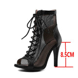 High Heels Hollow Mesh Sandals Summer Trend Comfort Peep Toe Boots Stilettos Jazz Dance Female Shoes Mart Lion Black-8.5cm 37 China