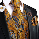 Hi-Tie Silk Vests Jacquard Waistcoat Neck Tie Hanky Cufflinks Brooch Set for Men's Suit Sleeveless Jacket Wedding MartLion MJ-3002-0075 S 