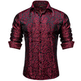 Luxury Red Rose Floral Green Silk Men's Shirt Long Sleeve Designer Clothing Social Casual Tuxedo Dress MartLion YC-2044 S 