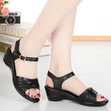 Genuine Leather Mother Sandals Summer Large Black Women Shoes Buckle Summer MartLion   