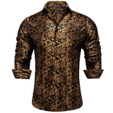 Gold Paisley Silk Shirts Men's Long Sleeve Luxury Tuxedo Wedding Party Clothing MartLion   