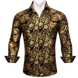 Luxury Silk Shirts Men's Long Sleeve Gold Black Floral Embroidered Regular Slim Fit Male Tops Regular Lapel Bloues Barry Wang MartLion 0591 S 