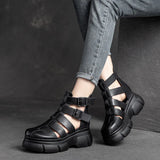 Retro Thick Heel Sandals For Women Genuine Leather Summer 6cm High Heel Closed Toe Buckle ZIP Platform Shoes MartLion   