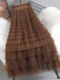 Mesh Skirt Women Waist A-line Spliced Solid Color Loose Skirts MartLion M Brown 