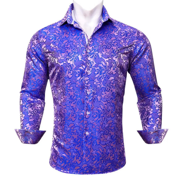 Luxury Men's Shirt Embroidered Silk Slim Casual Gold Blue Purple Black Red Green Paisley Flower Long Sleeve Barry Wang Cloth MartLion   