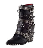 Punk Style Girls Black Leather Spike Rivet Belt Buckles Motorcycle Short Boots Women Round Toe Zipper Side Leisure Ankle Boots MartLion   