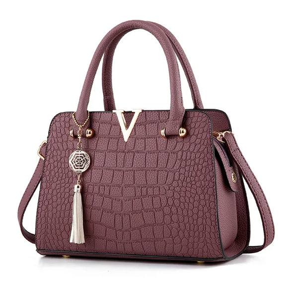 Women Handbags Tassel PU Leather Totes Bag Top-handle Embroidery Bag Shoulder Bag Lady Simple Style Crocodile pattern MartLion Purple 28x13x20cm 