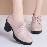 Women Pumps Shoes T High Heels Brogue High Square Heel Genuine Leather Wedge Richelieu MartLion   