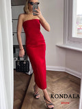 Chic Red Party Long Dress Women Strapless Pleated Back Split Summer Dress Elegant Corset Dress MartLion   