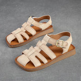 Genuine Leather Summer Retro Hollow-out Breathable Sandals Casual Women Flats Shoes MartLion Beige 37 