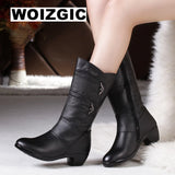 Women's Mother Female Ladies Leather Shoes Boots Botas Knee High Zipper Winter Warm Plush Mid Calf MartLion