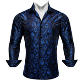 Luxury Shrits Men's Sky Roal Blue Navy Embroidered Paisley Long Sleeve Casual Slim Fit Blouses Lapel Barry Wang MartLion 0051 S 