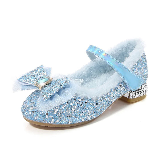 Girls' High Heels Women Treasure Crystal Shoes Winter Children's Plush Bow Frozen Princess Elsa Shoes MartLion SKY BLUE 23-Insole 15.5 cm 