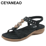 Summer Bohemian Rhinestone Round Head Beach Flat Bottom Women's Sandals MartLion   