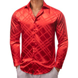 Luxury Shirts Men's Silk Satin Beige Plaid Long Sleeve Slim Fit Blouses Trun Down Collar Tops Breathable Clothing MartLion