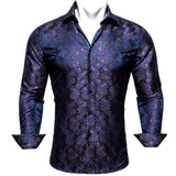 Luxury Blue Shirts Men's Silk Embroidered Paisley Flower Long Sleeve Slim FIT Blouses Casual Tops Lapel Cloth Barry Wang MartLion 0401 S 