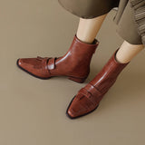 Winter Genuine Leather Low-heeled Women's Boots Retro Short Square Toe Leather Shoes MartLion Brown-Winter 40 