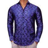 Designer Shirts Men's Silk Long Sleeve Light Purple Silver Paisley Slim Fit Blouses Casual Tops Breathable Barry Wang MartLion 0450 S 