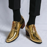 Luxury Gold Men's High Heel Leather Shoes Moccasins Designer Pointed Dress Wedding Formal MartLion   