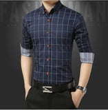 Autumn  Men's Social Shirt Slim Fit Long Sleeve Plaid Cotton Casual Brand Clothes Mart Lion Dark Blue M 