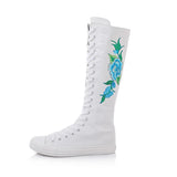 Embroidered Dance Side Zipper Super High Collar Canvas Women's Boots Shoes for Sneakers MartLion white blue increase 42 