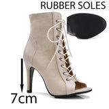 Latin Dance Shoes Ballroom Jazz for Women's Lace-up Fish Mouth Sandals High-heeled Indoor Pole Dance Salsa Dance Boots MartLion Beige 7cm rubber 42 