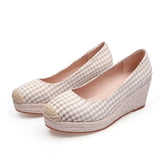 Wedges Heels Shoes Women Spring Summer Cloth Plaid Ladies High Heel 7cm MartLion Apricot 4.5 