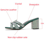 Summer Women's Slippers Luxury Crystal Party Shoes Genuine Leather Open Toe Thick Heels MartLion   