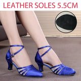 Leopard Print Latin Dance Shoes Soft Sole Medium Heel Ballroom Jazz Modern Practice Indoor Summer Sandals MartLion 5.5cm blue leather CHINA 37