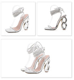 Liyke Silver Crystal Ankle Cross Strap Sandals Women Elegant Wedding Banquet Shoes Square Open Toe Fretwork Heels Mart Lion   