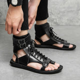 Gladiator Platform Summer Sandals Shoes for Men's Black Casual Beach Leather Flip Flops Ankle MartLion   