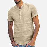 Men's Standing Collar Cotton Linen Short Sleeved Shirt Designer Clothes Popular Tops Mart Lion Khaki S 