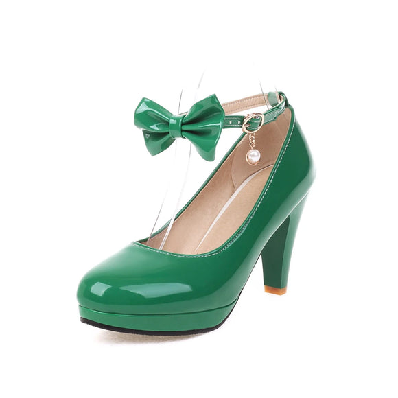 Women Patent Leather Pumps Sweet Shallow Shoes Bow Ankle Strap Shoe Female Dress Hight Heels Ladies Footwear MartLion
