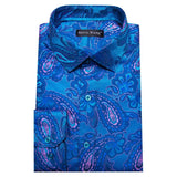 Elegant Men's Shirts Silk Long Sleeve Blue Flower Slim Fit Casual Lapel Tops Breathable Single Breasted Barry Wang MartLion   