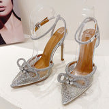 Liyke Crystal Transparent Female Pumps Thin High Heels Bowknot Pointed Toe Ankle Strap Sandals Women Shoes Mart Lion   