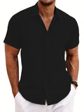 men's short-sleeved shirt summer solid color lapel hidden buckle casual beach fashion high street top MartLion black. XXL 