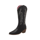 Women Boots Low Heel Shoes Cool British Embroidered Design Soft Short Party Knee High Pink Cowboy Mart Lion Black 36 