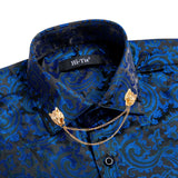 Hi-Tie Silk Men's Shirts Black Gold Long Sleeve Slim Fit Paisley Lapel Brooch Shirt Wedding Party Gift Designer MartLion