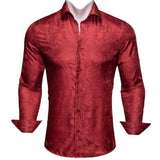 Silk Shirts Men's Red Burgundy Paisley Flower Long Sleeve Slim Fit Blouse Casual Lapel Clothes Tops Streetwear Barry Wang MartLion   