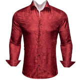 Silk Shirts Men's Red Burgundy Paisley Flower Long Sleeve Slim Fit Blouse Casual Lapel Clothes Tops Streetwear Barry Wang MartLion 0071 S 